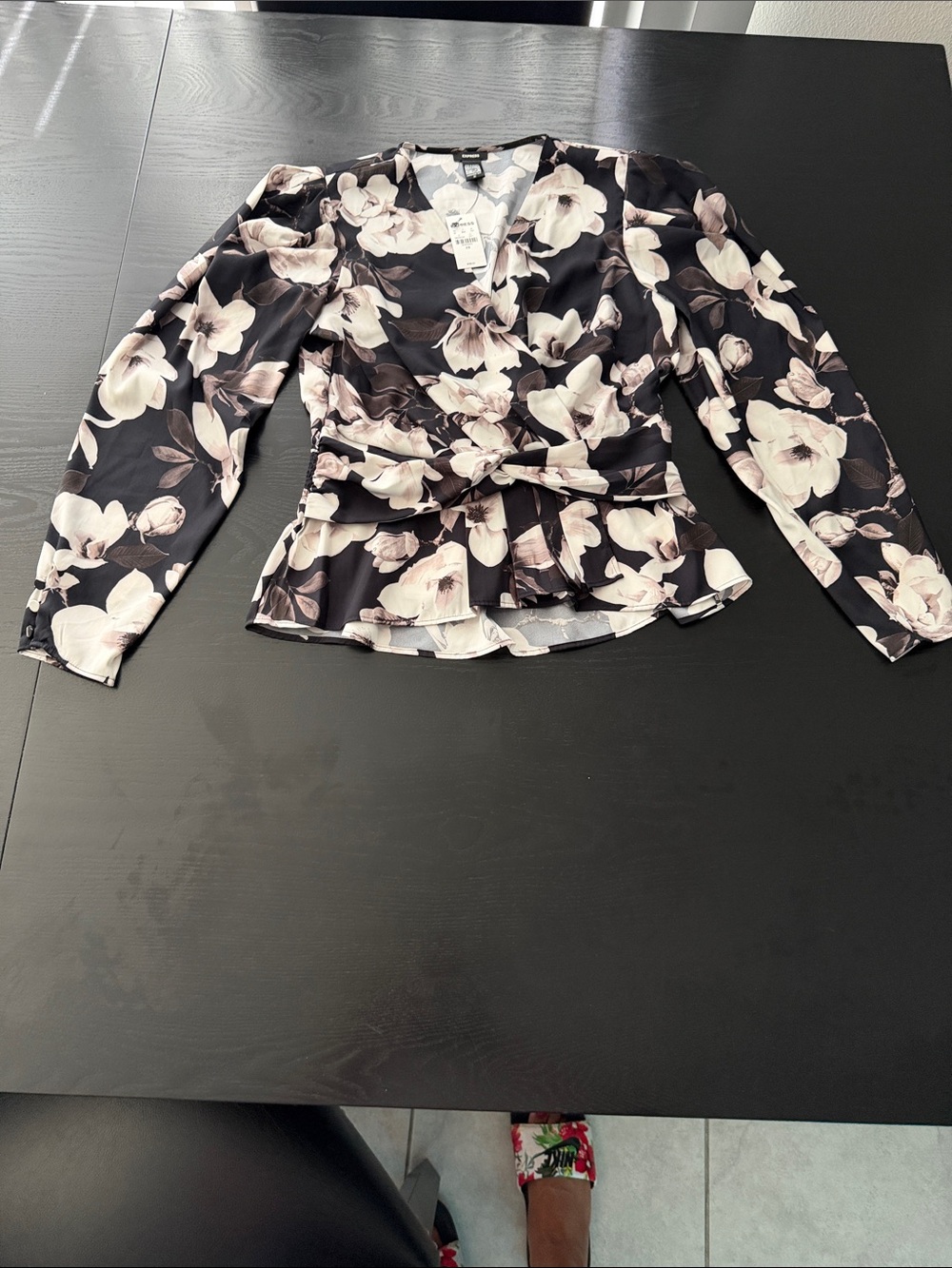 Express - Black Floral Wrap Peplum Blouse